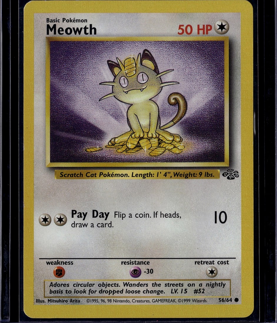 1999 Pokemon Base Set Meowth #56/64 Card - Vintag: This is an authentic 1999 Pokemon Base Set Meowth card (#56/64), featuring the classic Scratch Cat Pokemon in excellent vintage condition. The card displays the iconic artwork by Mitsuhiro Arita with 