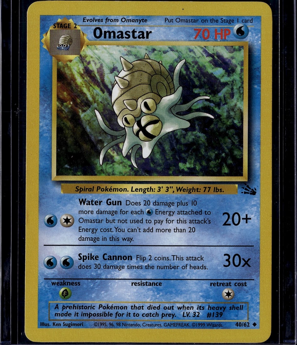 Omastar 40/62 Base Set Pokemon Card 1999 - Stage: This is an original 1999 Omastar Pokemon Trading Card from the Base Set, card number 40/62. Omastar is a Stage 2 Spiral-type Pokemon that evolves from Omanyte, featuring 70 HP. The card showcases the 