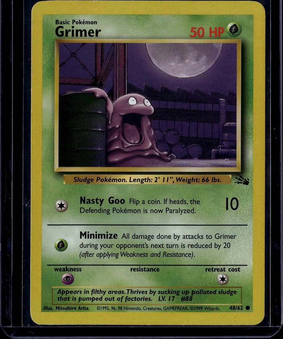 1999 Pokemon Base Set Grimer #48/62 Card - Sludge: This is an original 1999 Pokemon Trading Card Game Base Set Grimer card (#48/62), a classic collectible from the earliest era of Pokemon TCG. Grimer is a Basic Grass-type Sludge Pokemon with 50 HP, fe