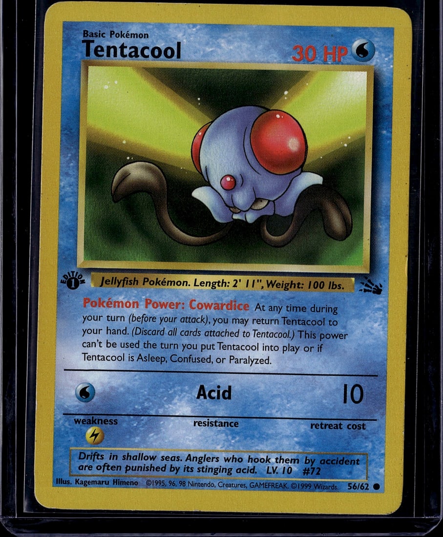 1999 Pokemon Base Set Tentacool Card #56/62 - Raw: This is an original 1999 Pokemon Trading Card Game card featuring Tentacool from the iconic Base Set. The card displays the classic jellyfish Pokemon artwork by Kagemaru Himeno with its distinctive