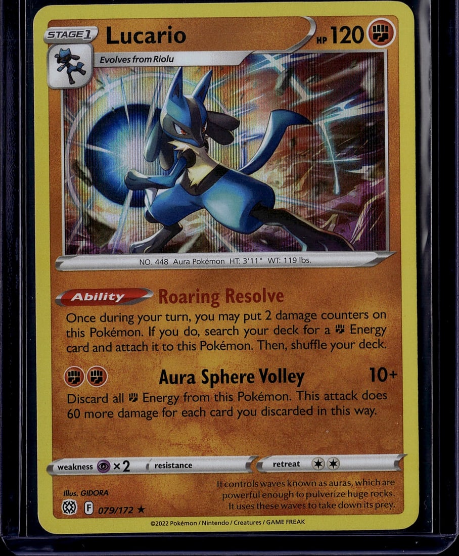 2022 Pokemon Lucario Stage 1 Card 079/172 Sword &: This is a 2022 Pokemon Trading Card Game Lucario Stage 1 card from the Sword & Shield series, card number 079/172. Lucario is an Aura Pokemon with 120 HP and features the Roaring Resolve ability and A