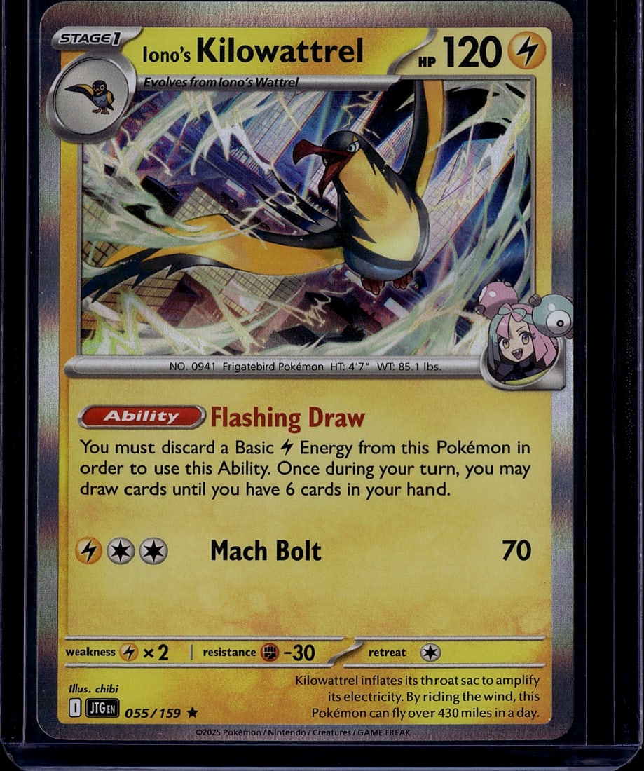 Iono's Kilowattrel 055/159 Pokemon Scarlet Violet: This is an ungraded raw Pokemon Trading Card Game card featuring Iono's Kilowattrel from the Scarlet & Violet expansion set. The card is numbered 055/159 and showcases a stunning star illustration of 