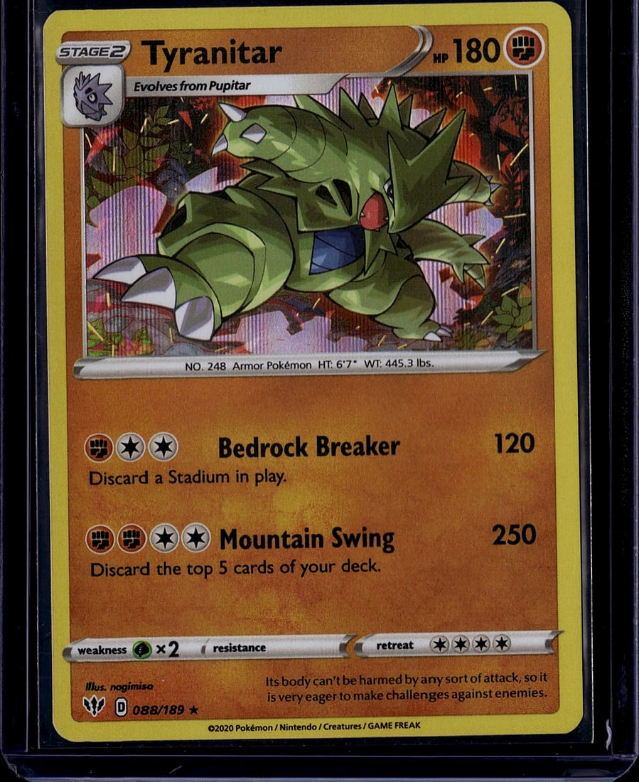 2020 Pokemon Sword & Shield Tyranitar Stage 2 #08: This is a 2020 Pokemon Sword & Shield series Tyranitar Stage 2 card, numbered 088/189. Tyranitar is an Armor Pokemon that evolves from Pupitar and features 180 HP. The card showcases two powerful atta