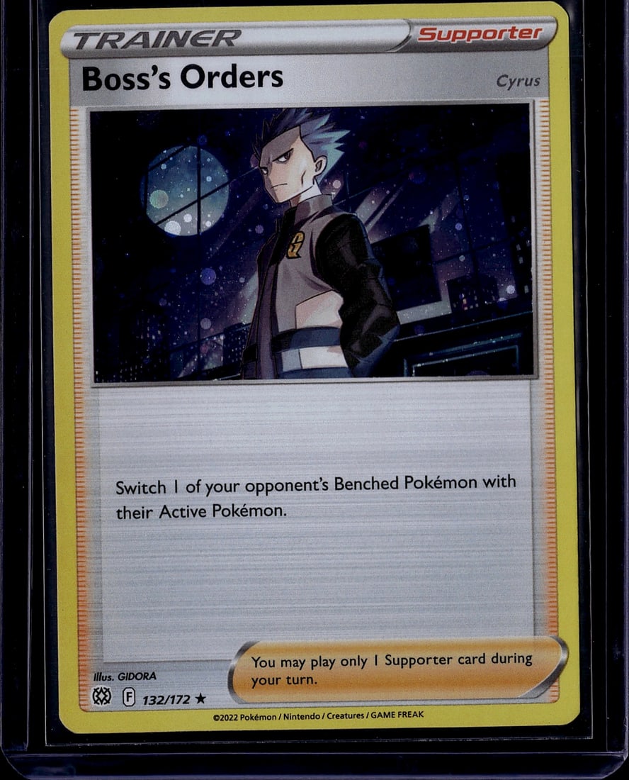 Boss's Orders Cyrus 132/172 Pokemon Sword & Shiel: This is an ungraded raw copy of Boss's Orders featuring Cyrus from the Pokemon Trading Card Game Sword & Shield expansion set. Card number 132/172, this Supporter Trainer card showcases Cyrus in a hig