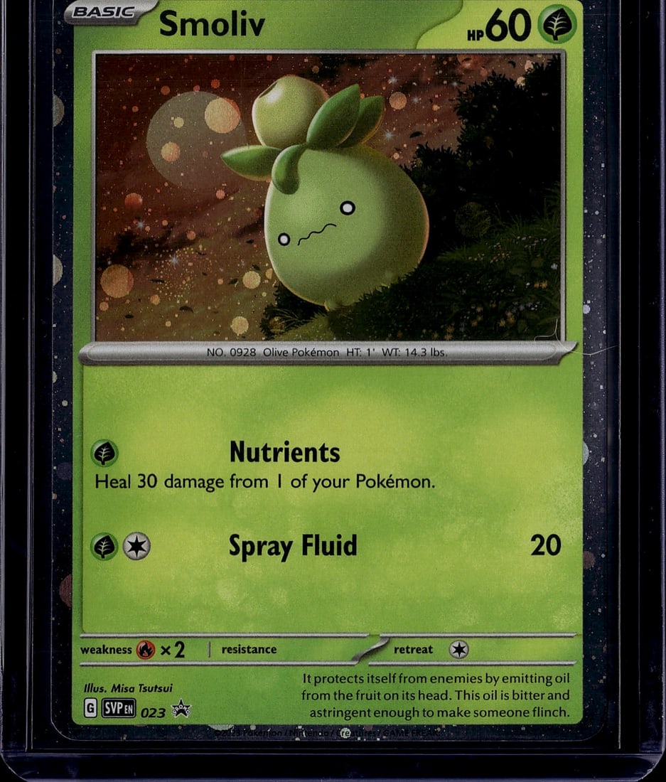 2023 Pokemon Scarlet Violet Smoliv 023 Mint Raw C: This is a raw, ungraded Smoliv Pokemon trading card from the Scarlet & Violet set, card number 023. Smoliv is a Basic Grass-type Pokemon featuring stunning artwork by Misa Tsutsui. The card displays e
