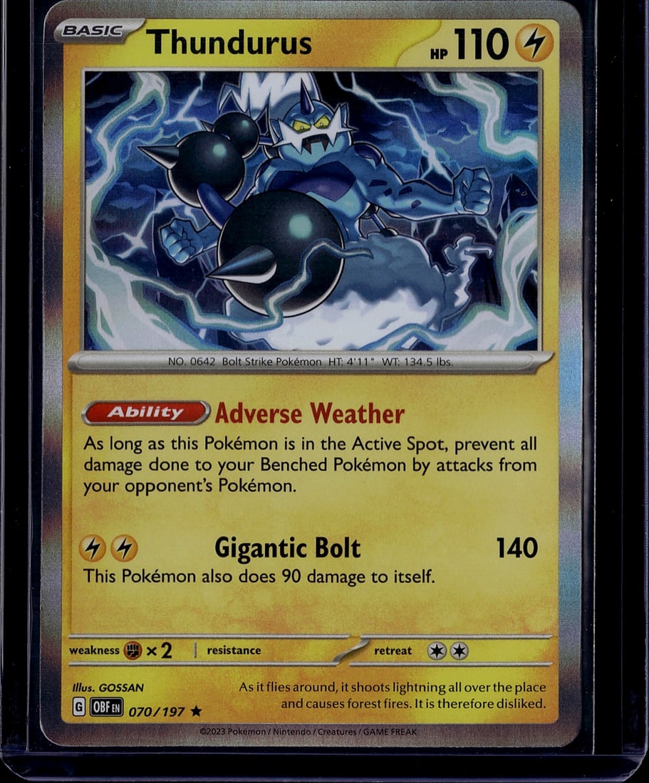 2023 Pokemon Scarlet Violet Obsidian Flames Thund: Thundurus 070/197 is a Holo Rare Basic Lightning-type Pokemon card from the Scarlet & Violet: Obsidian Flames set (SV03), released August 11, 2023. It has 110 HP and features the Ability 'Bad Weather,