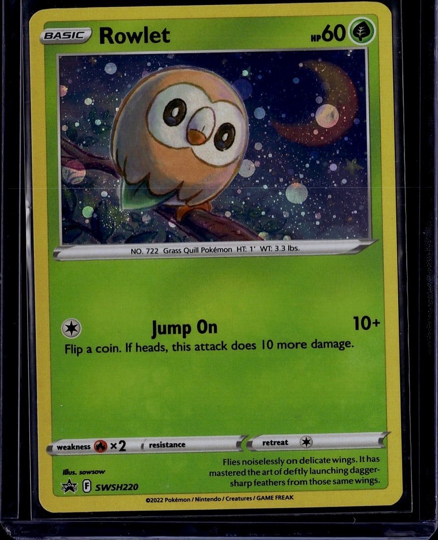 2022 Pokemon Sword & Shield Black Star Promo SWSH: Rowlet SWSH220 is a Holo Promo Basic Grass-type card with 60 HP, featuring the attack 'Jump On' (10+, flip a coin; if heads, does 10 more damage). It was released in the Spring 2022 Collector Chest an