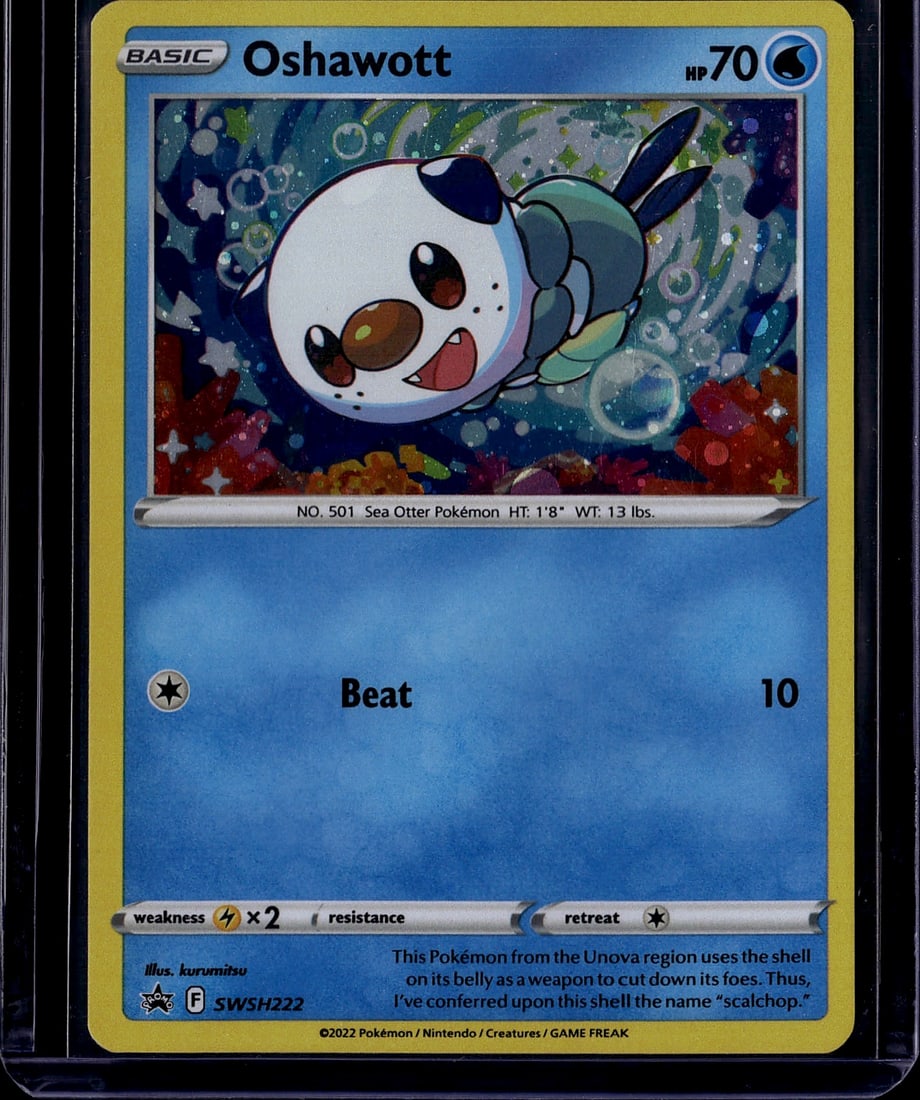 2022 Pokemon Sword & Shield Astral Radiance Oshaw: Oshawott is a Common Basic Water-type Pokemon card from the Sword & Shield: Astral Radiance expansion (SWSH10), released in 2022. It has 70 HP and the Beat attack, illustrated by kurumitsu. The listin