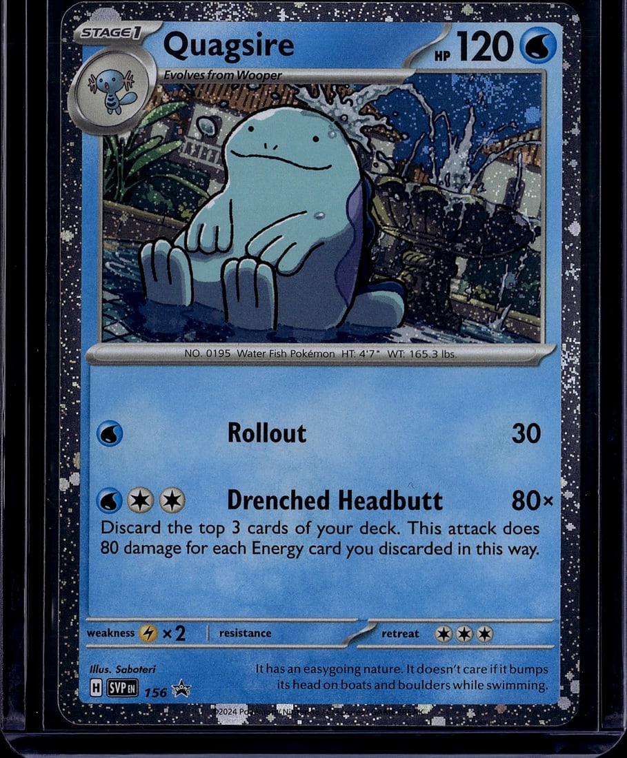 2023 Pokemon Scarlet Violet Black Star Promo Quag: This is a raw, ungraded Quagsire Pokemon Trading Card from the 2024 Surging Sparks expansion set, card number 156. Quagsire is a Stage 1 Water-type Pokemon that evolves from Wooper, featuring 120 HP. 