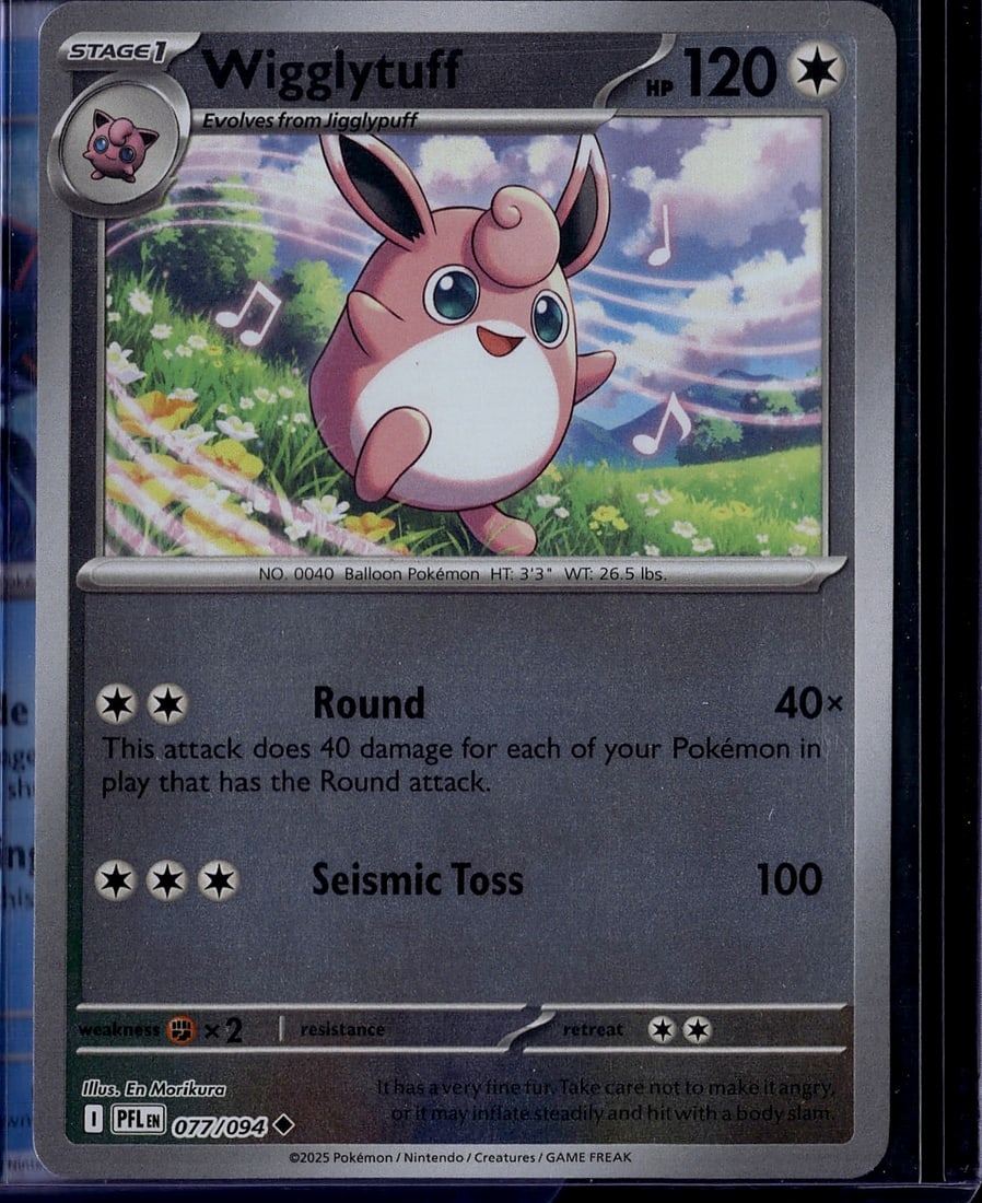 2025 Pokemon Scarlet Violet Wigglytuff 077/094 St: This is a raw, ungraded 2025 Pokemon Scarlet & Violet Wigglytuff card (077/094), a Stage 1 Balloon-type Pokemon with 120 HP. The card features beautiful full-art illustration by En Morikura depicting 