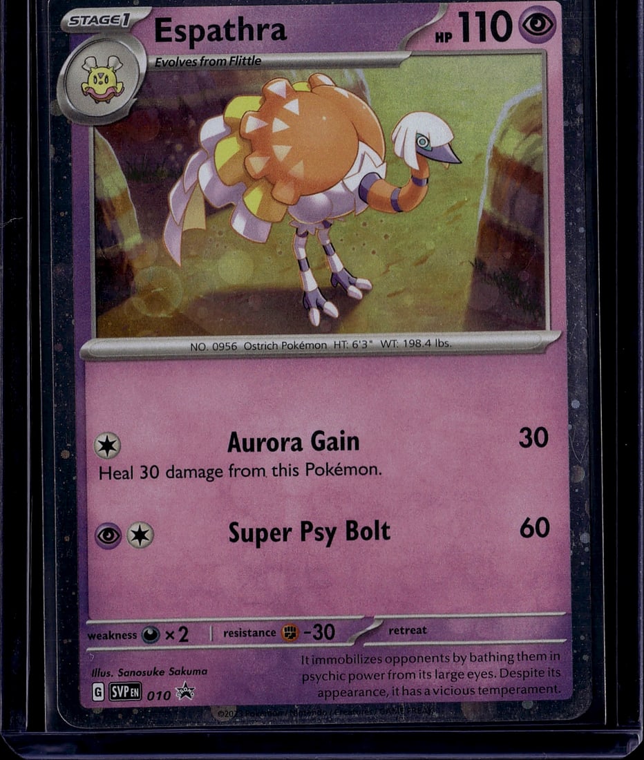 Espathra 110HP Stage 1 Pokemon Card 010 Scarlet V: This is an ungraded raw Espathra Pokemon trading card from the Scarlet & Violet set. Card #010, featuring the Stage 1 Psychic-type Pokemon with 110 HP that evolves from Flittle. The card displays exce