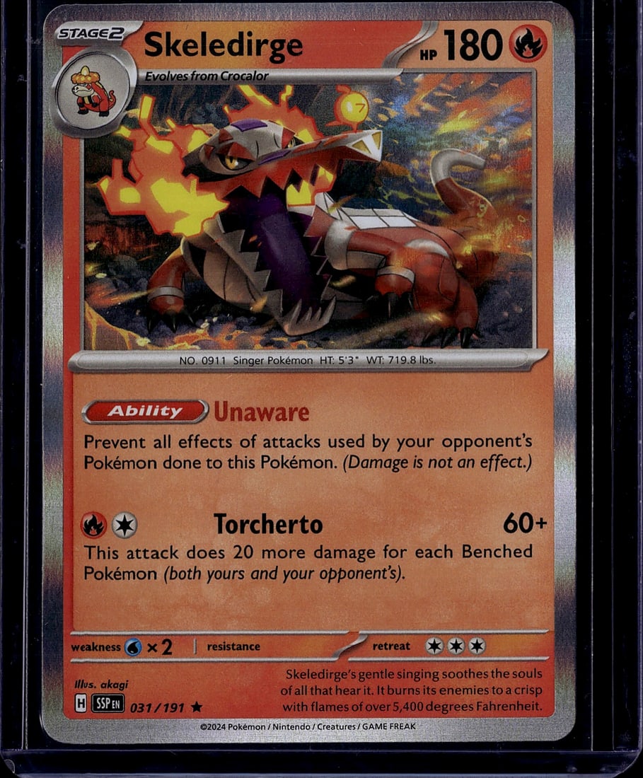 2024 Pokemon Surging Sparks Skeledirge 031/191 Mi: This is a raw Skeledirge Pokemon trading card from the Scarlet & Violet set, card number 031/191. Skeledirge is a Stage 2 Fire-type Pokemon that evolves from Crocalor, featuring 180 HP. The card displ