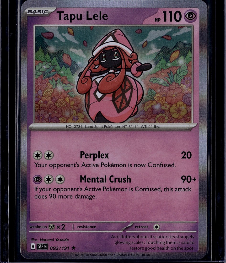 2024 Pokemon Surging Sparks Tapu Lele 092/191 Nea: This is a raw (ungraded) Tapu Lele Pokemon card from the Scarlet & Violet expansion set, card number 092/191. It features the Land Spirit Pokemon with 110 HP and a Psychic-type classification. The car