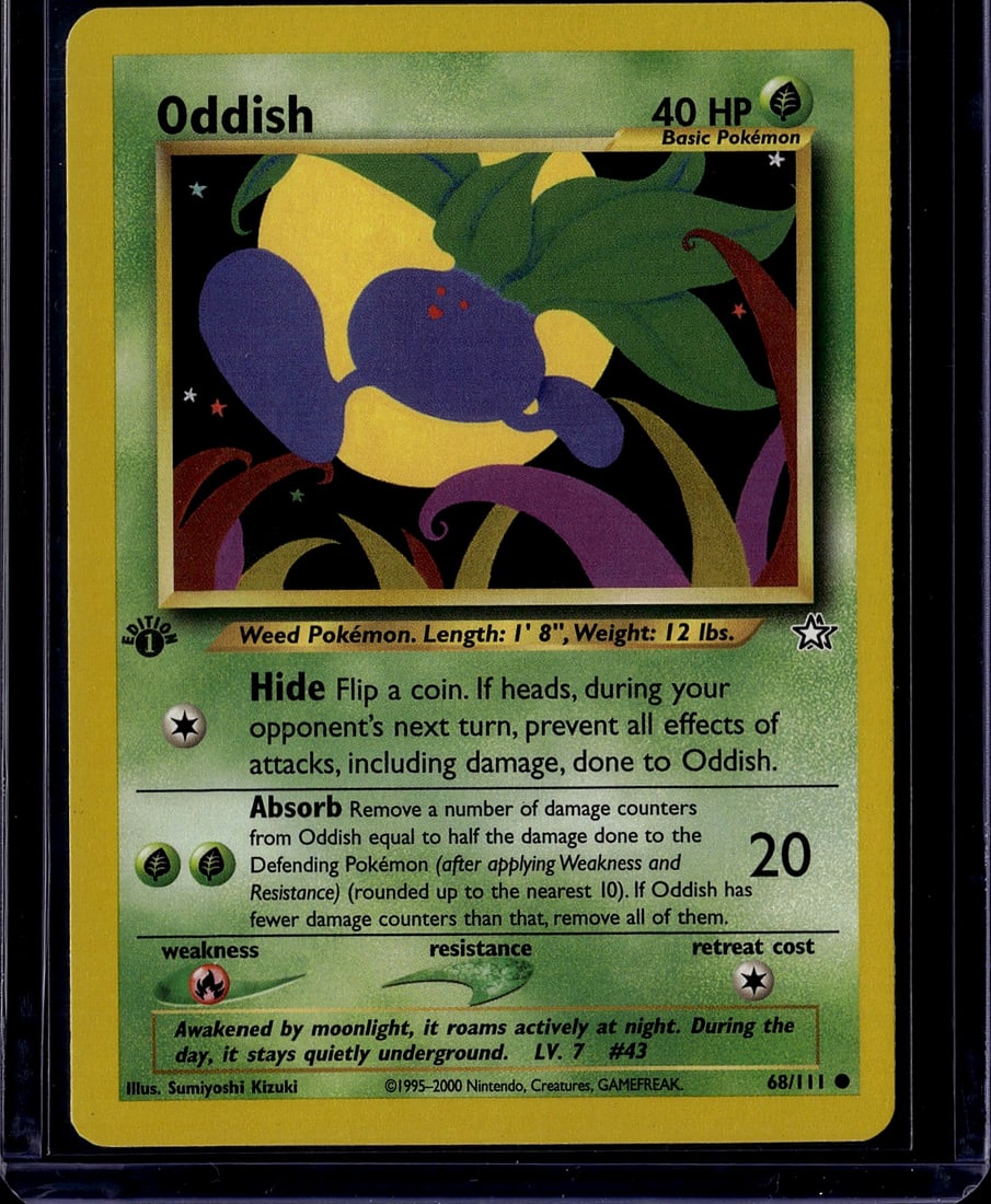 2000 Pokemon Neo Genesis Oddish 68/111 Near Mint: Oddish 68/111 is a Common Grass-type Basic Pokemon card from the Neo Genesis expansion, released in English on December 16, 2000. Neo Genesis was the first set to introduce Generation II (Johto) Pokem