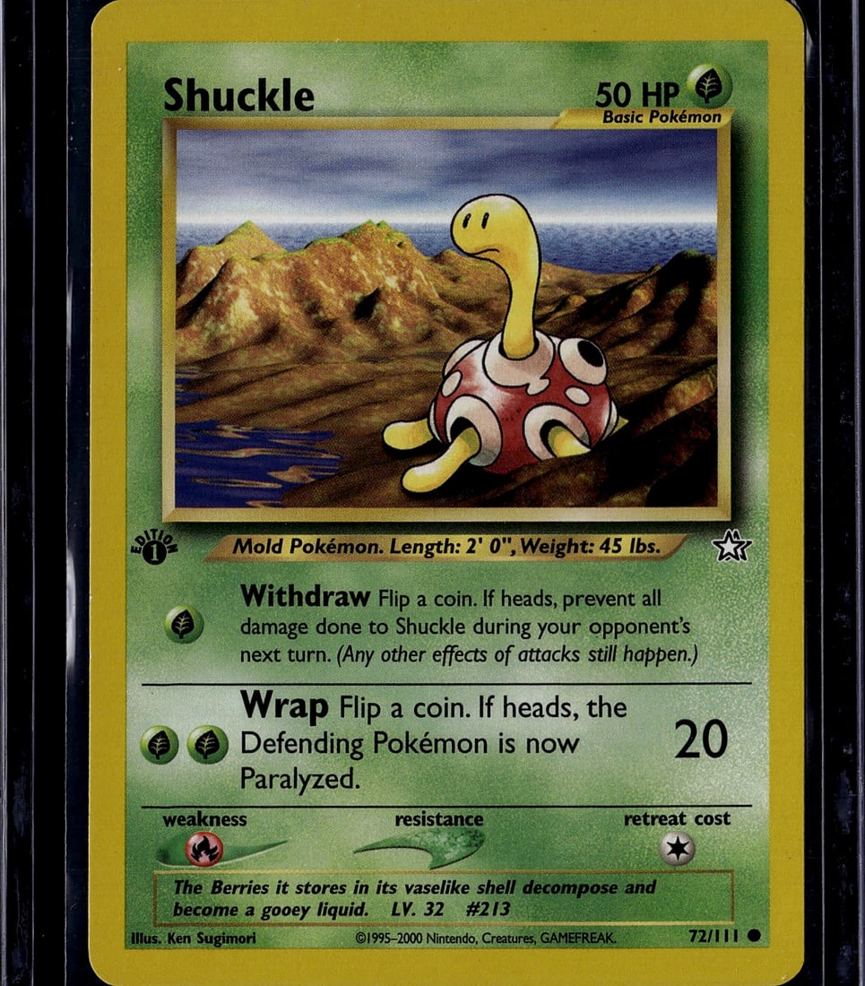 2000 Neo Genesis Shuckle 72/111 Pokemon Card Very: This is an authentic Shuckle Pokemon trading card from the Neo Genesis set (2000), card number 72/111. Shuckle is a Grass-type Basic Pokemon with 50 HP, featuring the classic Ken Sugimori illustration