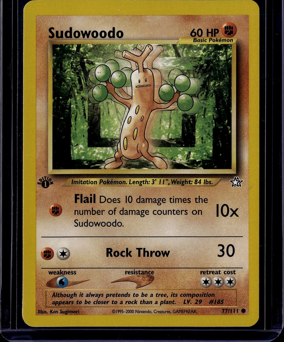 2000 Pokemon Neo Genesis Sudowoodo 77 Near Mint R: This is an original 1999 Sudowoodo Pokemon Trading Card from the Base Set, card #77/111. The card features the iconic rock-imitation Pokemon with its distinctive ball-shaped appendages illustrated by 