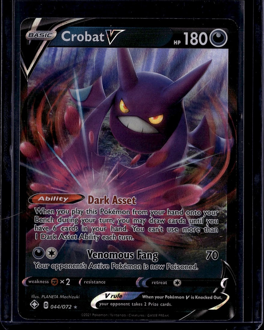 2021 Crobat V 044/072 Sword & Shield Shining Fate: Crobat V is a Basic Darkness-type Pokemon V card with 180 HP, numbered 044/072 from the Sword & Shield: Shining Fates set. It features the Dark Asset Ability, which lets the player draw cards up to 6 
