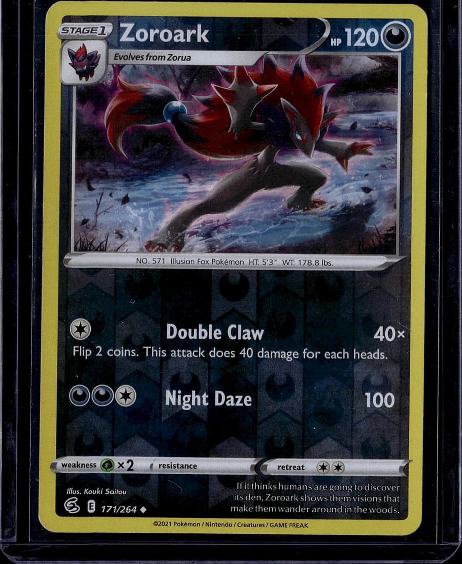 2021 Pokemon Fusion Strike Zoroark 171/264 Near M: This is a 2021 Pokemon Trading Card Game Zoroark holographic rare card from the Evolving Skies expansion set, card number 171/264. Zoroark is a Stage 1 Illusion Fox Pokemon with 120 HP that evolves fr