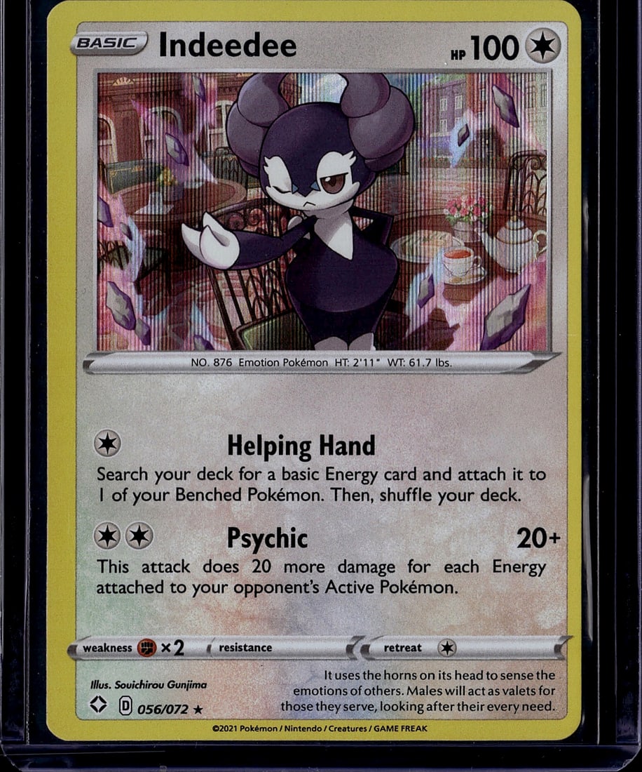 Indeedee 056/072 Pokemon Sword & Shield 2021 Basi: This is a raw, ungraded Indeedee Pokemon Trading Card from the Sword & Shield set, card number 056/072. Illustrated by Souichirou Gunjima, this Basic Psychic-type Pokemon features Indeedee, the Emotio