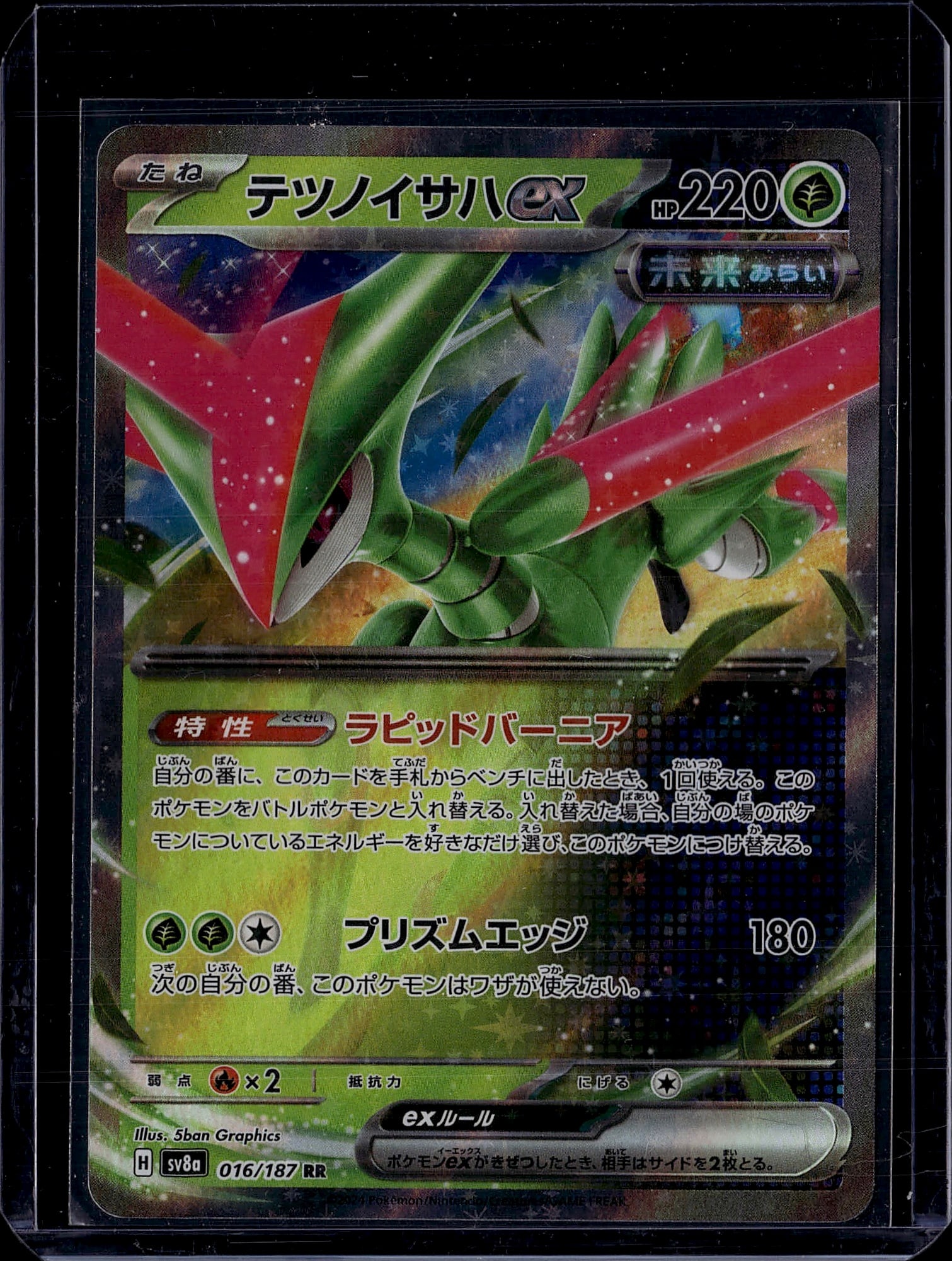 2024 Pokemon Iron Leaves ex 016/187 SV8a Terastal: Iron Leaves ex is card 016/187 from the Japanese Scarlet & Violet high-class set SV8a: Terastal Festival ex, released December 6, 2024. It is a Double Rare (RR) holographic foil card featuring Iron Le
