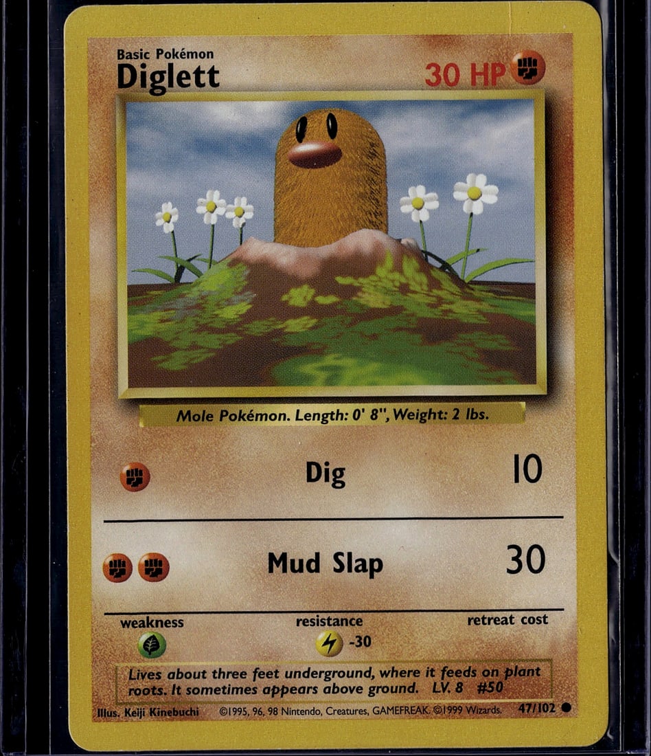 1995 Wizards Pokemon Base Set Diglett 47/102 Card: This is an original 1995 Pokemon Trading Card Game Base Set Diglett card, number 47/102, produced by Wizards of the Coast. Diglett is a Basic Ground-type Pokemon with 30 HP featuring the classic artwo