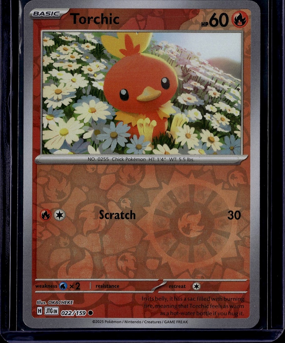 2025 Pokemon Scarlet Violet Journey Together Torc: Torchic 022/159 is a Common Basic Fire-type Pokemon card from the Scarlet & Violet: Journey Together set (SV9), released in 2025. It is available in both standard and Reverse Holo variants.