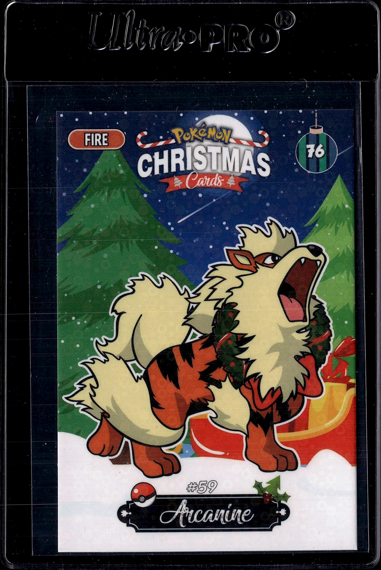 2023 Pokemon Christmas Cards Arcanine #59 Fire Ty: This is a 2023 Pokemon Christmas Cards promotional card featuring Arcanine, the Fire-type Pokemon, as card number 59. The card showcases beautiful festive artwork with Arcanine wearing holiday attire 