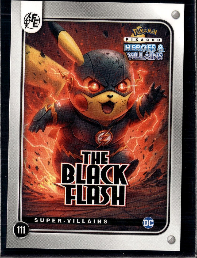 Pokemon Pikachu Heroes & Villains Black Flash Car: This is a Pokemon Pikachu Heroes & Villains trading card featuring "The Black Flash" variant, card number 111 from The Pokemon Company's special crossover set. The card showcases Pikachu transformed a