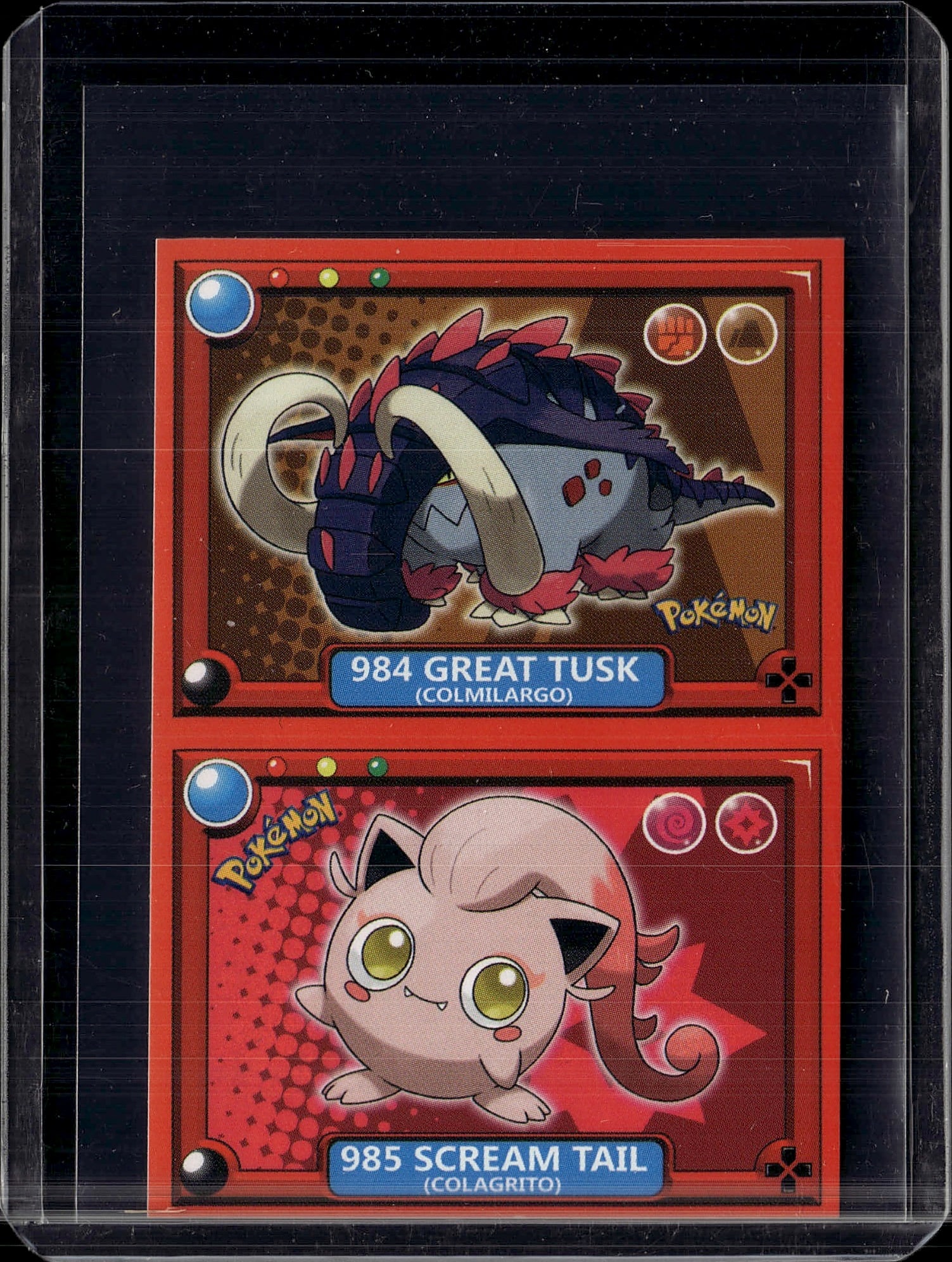 Pokemon Scarlet & Violet Great Tusk #984 & Scream: This lot features two iconic Pokemon cards from the Scarlet & Violet set, professionally slabbed and displayed in a dual-panel protective case. Card #984 Great Tusk (Colmilargo) showcases the intimida