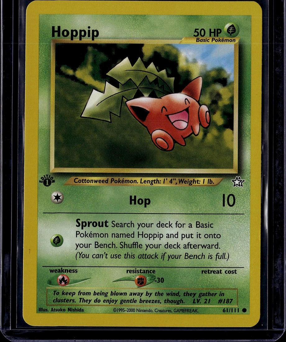 2000 Wizards of the Coast Neo Genesis Hoppip 61/1: Hoppip 61/111 is a Common, Basic Grass-type Pokemon card from the Neo Genesis set, released December 16, 2000. It was the eighth overall Pokemon TCG set and the first in the Neo Series, introducing se