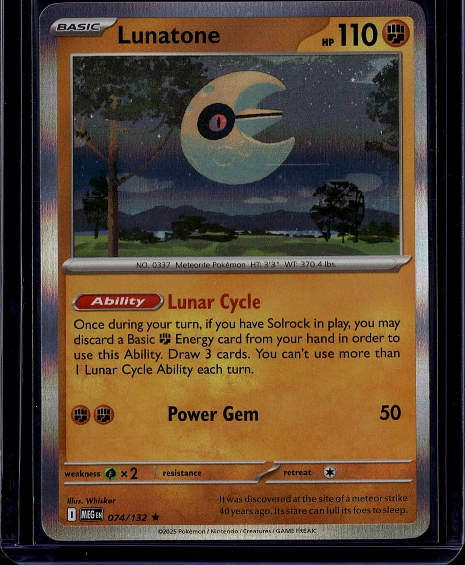 2025 Pokemon Mega Evolution Lunatone 074/132 Mint: Lunatone is a Basic Fighting-type Pokemon card (110 HP, Rare) from the 2025 Mega Evolution expansion (ME01), released September 26, 2025. It features the Lunar Cycle Ability, which lets you draw 3 car
