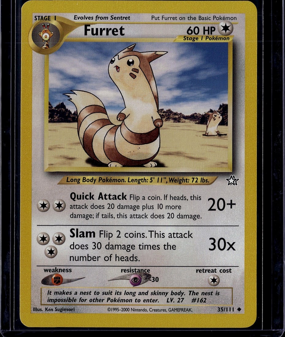 Furret 35/111 Neo Genesis Pokemon Card Stage 1 20: This is an authentic Furret Pokemon trading card from the Neo Genesis set, card #35/111, released in 2000. Furret is a Stage 1 Pokemon that evolves from Sentret and features the iconic Ken Sugimori ar
