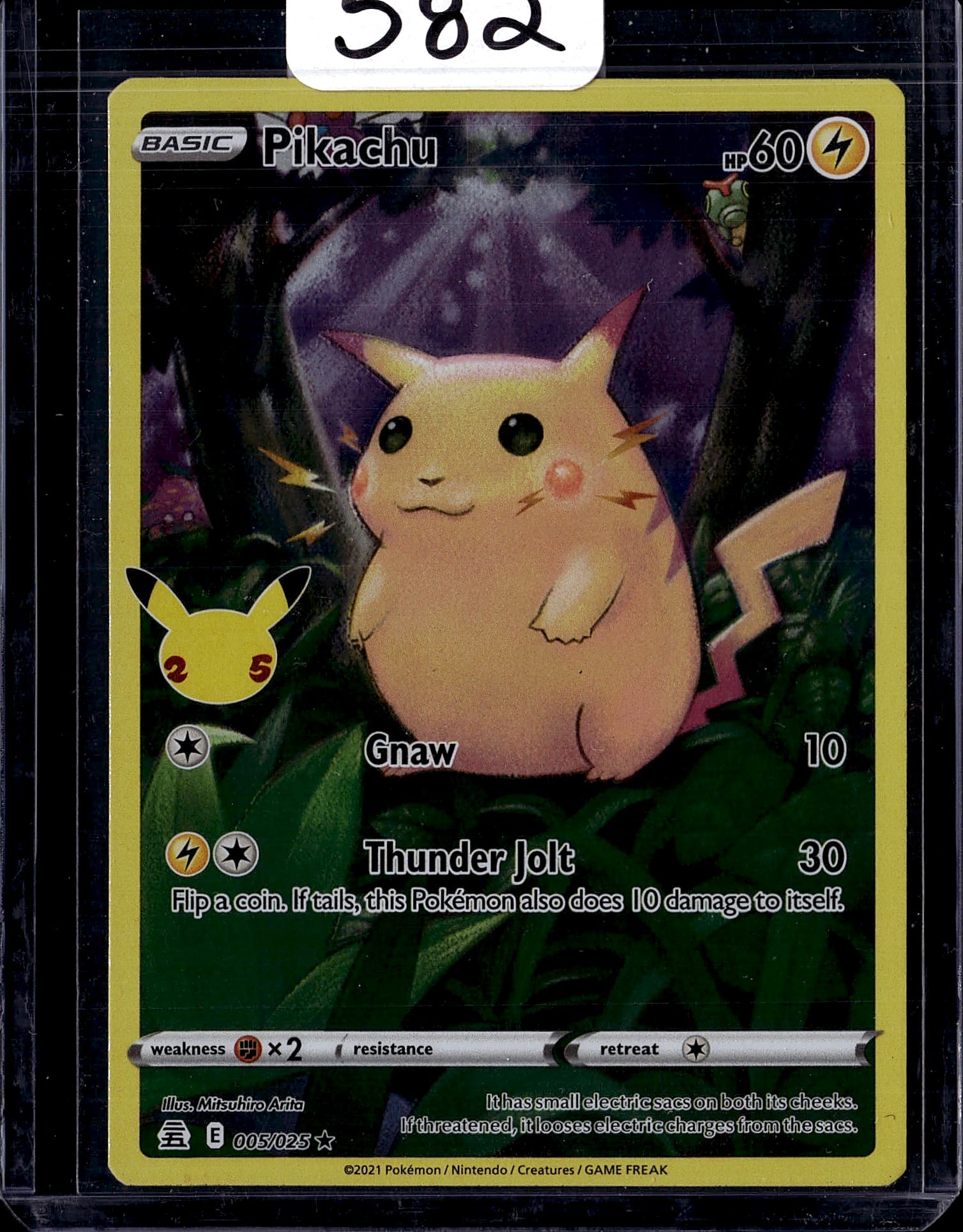 2021 Pokemon Pikachu Basic 005/025 Slab Card - El: This is a 2021 Pokemon Trading Card Game Pikachu Basic Pokemon card, graded and slabbed for protection. Card number 005/025 features the iconic yellow electric-type mouse Pokemon with its characterist