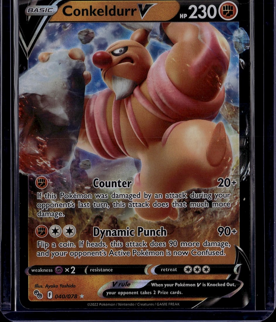 2022 Pokemon GO Conkeldurr V 040/078 Near Mint Ca: Conkeldurr V is an Ultra Rare, Holo Fighting-type Basic Pokemon V card with 230 HP from the Pokemon GO expansion of the Sword & Shield era, released July 1, 2022. It features the attacks Counter and D