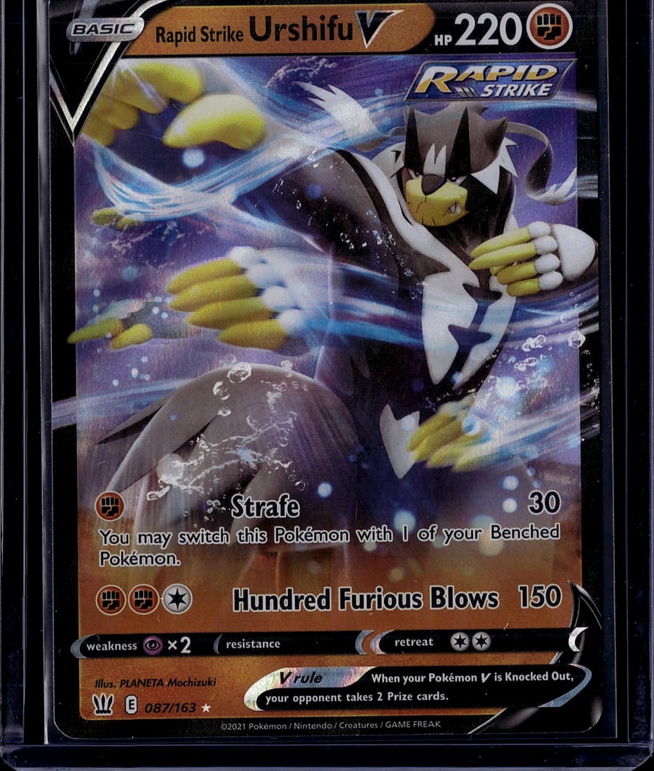 2021 Pokemon Sword Shield Rapid Strike Urshifu V: This is a Rapid Strike Urshifu V Pokemon Trading Card from the Sword & Shield era, released in 2021 by The Pokemon Company. The card features the Fighting-type Pokemon Urshifu in its Rapid Strike form
