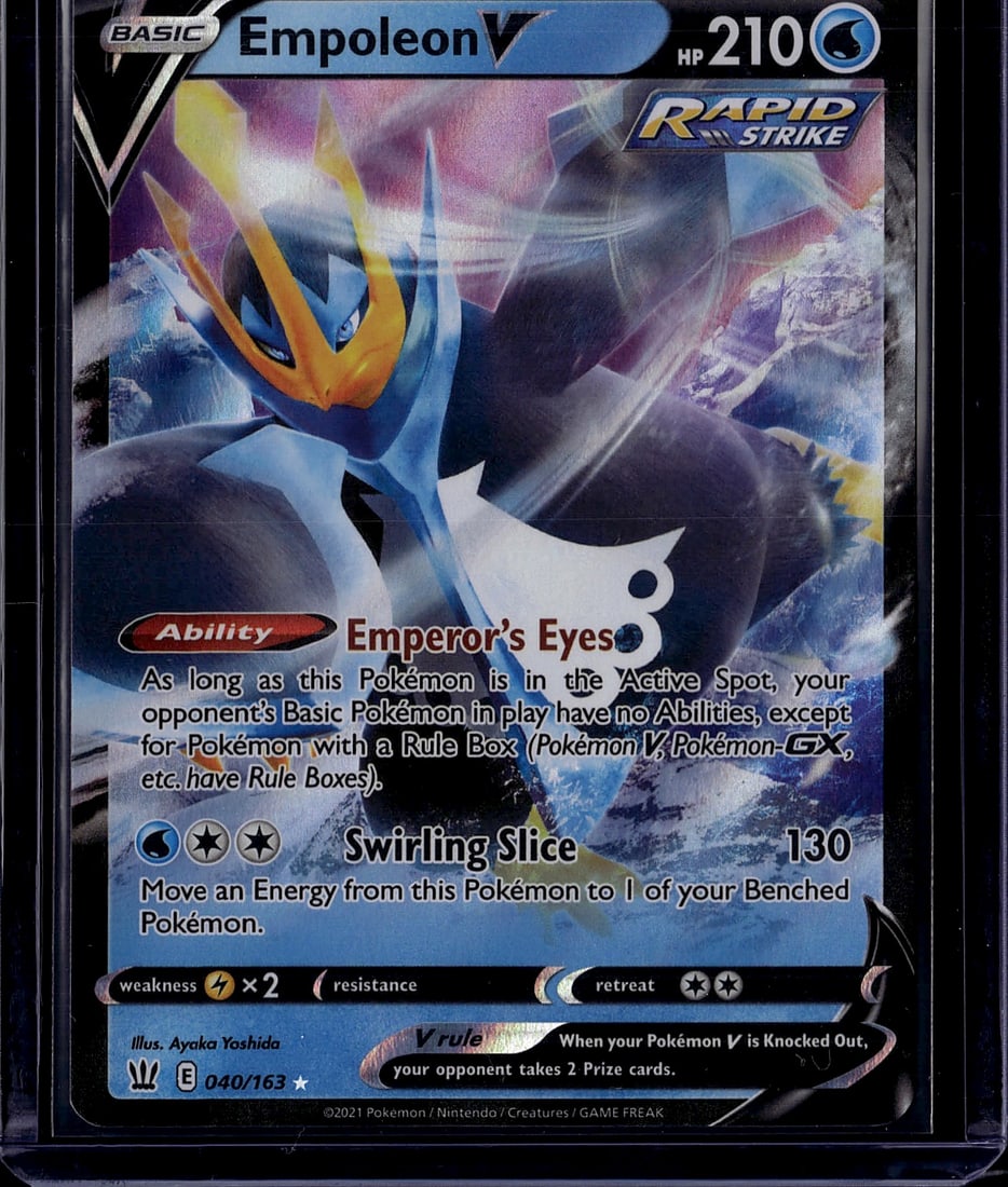 2021 Pokemon Battle Styles Empoleon V 040/163 Min: This is a Pokemon Trading Card Game Empoleon V Basic card from the Sword & Shield era, released in 2021. The card features the Water-type Pokemon Empoleon V with 210 HP and boasts the powerful Rapid S