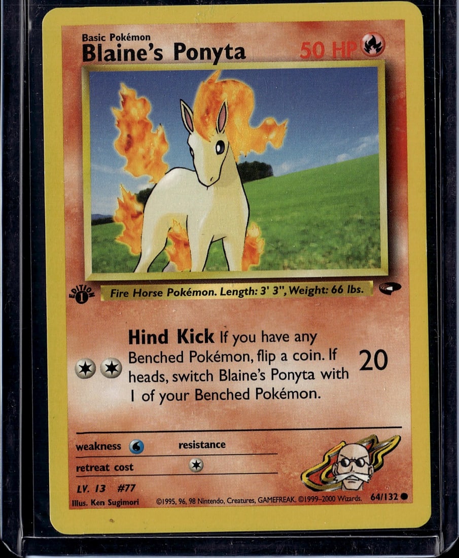 Blaine's Ponyta 64/132 Gym Heroes Pokemon Card 19: This is an original 1999 Blaine's Ponyta card from the Gym Heroes set, card number 64/132. As a Basic Fire-type Pokemon featuring Blaine's iconic mount, this card showcases the classic Ken Sugimori ar