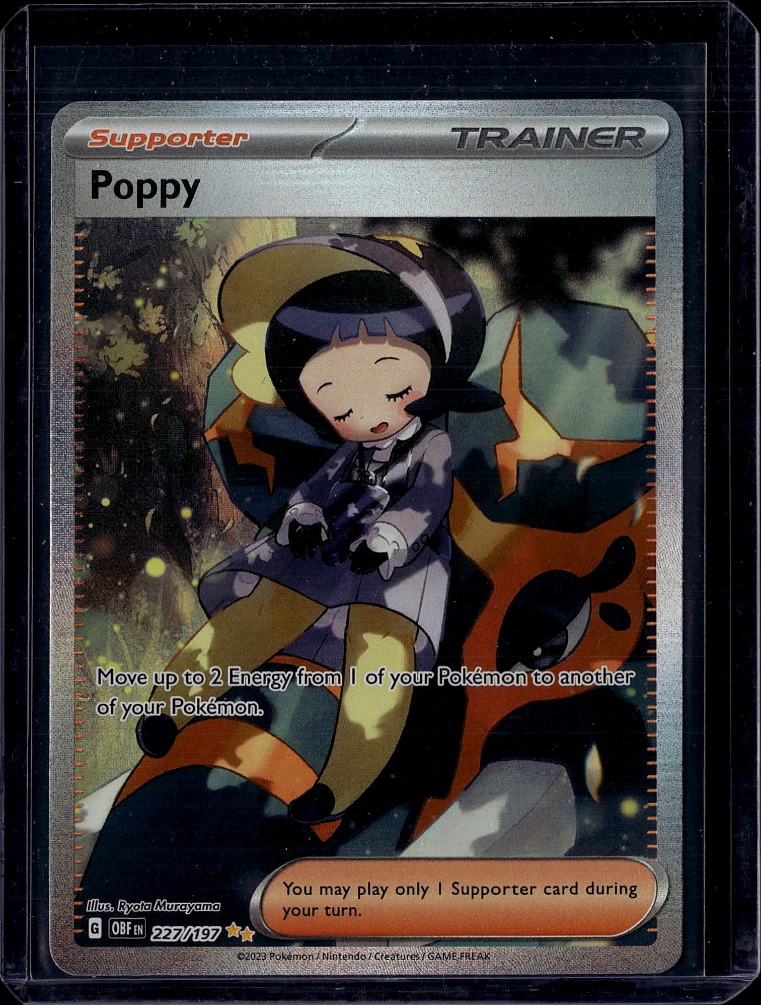Poppy 227/197 Pokemon Scarlet Violet Supporter Tr: This is a Poppy Supporter Trainer card from the Pokemon Scarlet & Violet set, card number 227/197. Poppy is a beloved character-based Supporter card that allows players to move up to 2 Energy from one