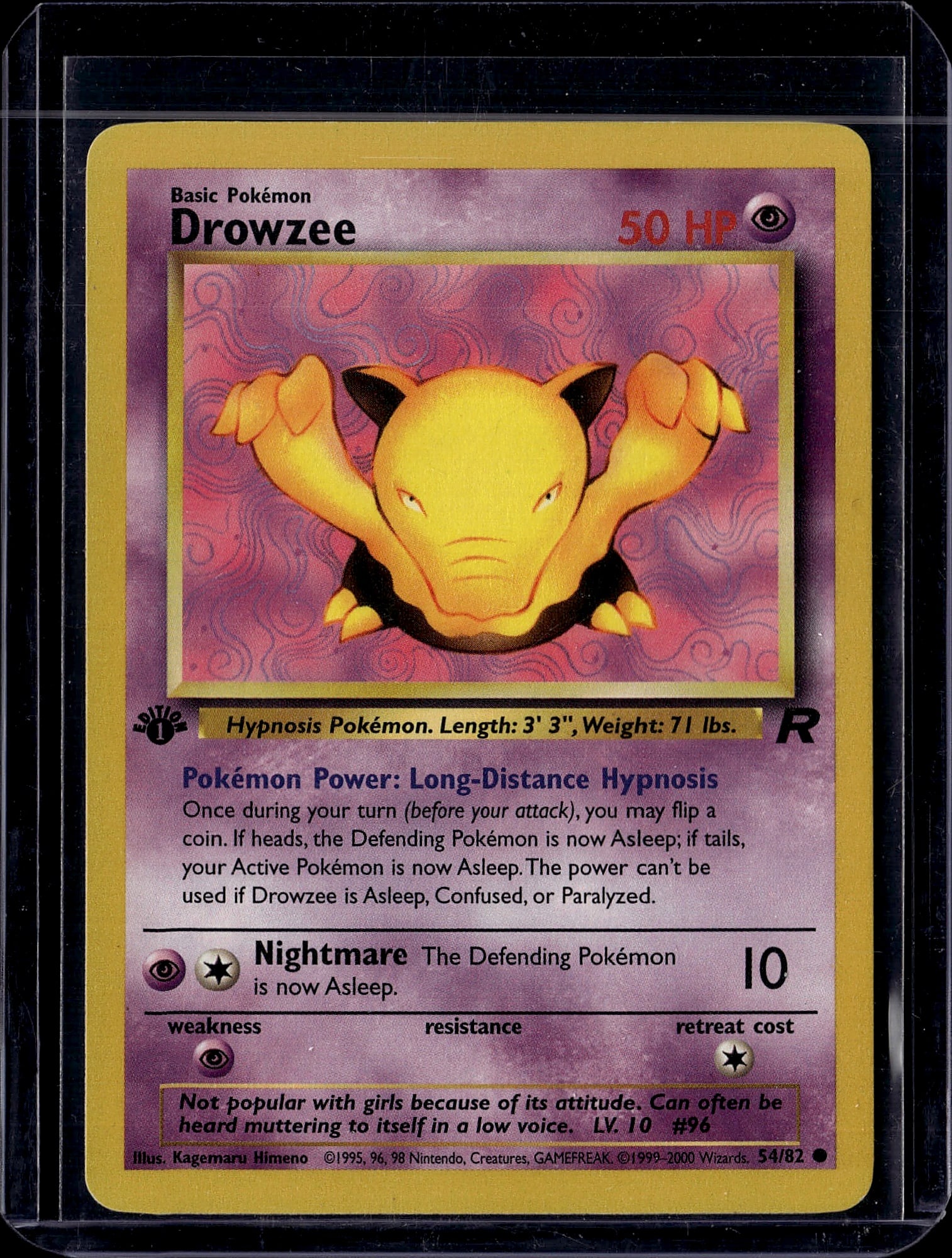 Drowzee Base Set 54/82 Pokemon Card 1995 - Classi: This is an authentic Drowzee Pokemon card from the iconic 1995 Base Set, card number 54/82. Drowzee is a Basic Psychic-type Pokemon featuring the signature Long-Distance Hypnosis Pokemon Power and Nig