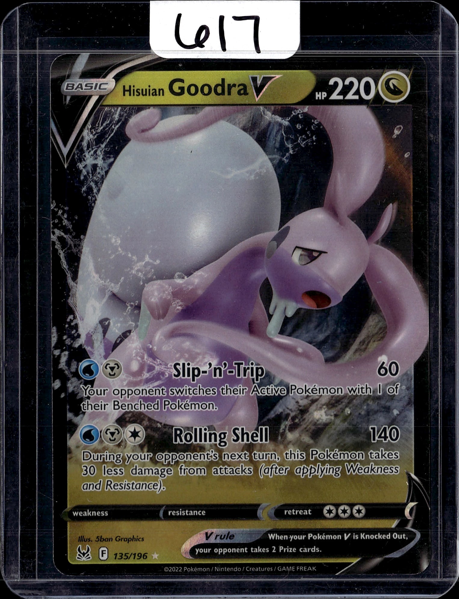 Hisuian Goodra V 135/196 Pokemon Card 2022 Paldea: This is a Hisuian Goodra V Pokemon Trading Card from the 2022 Paldea Evolved set, card number 135/196. The card features vibrant artwork of the dragon-type Pokemon in water-themed scenery. Hisuian Goo
