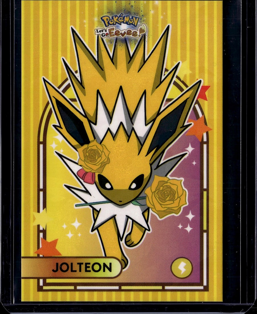 2024 Jolteon Pokemon Let's Go Eevee Database Peru: Jolteon Cracked Ice Holo card from the 'Let's Go Eevee Database' set, a non-TCG collectible card line manufactured in Peru featuring Eevee and all its Eeveelution evolutions. This is a third-party col