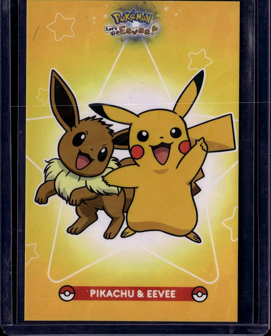 Pokemon Let's Go Eevee Pikachu & Eevee Official C: This is an official Pokemon Let's Go Eevee promotional card featuring the iconic duo of Pikachu and Eevee. The card showcases vibrant yellow artwork with both beloved characters displayed prominently 