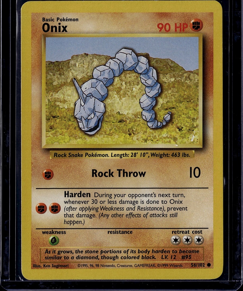 1999 Pokemon Base Set Onix #56/102 Rock Snake Car: This is an authentic 1999 Pokemon Trading Card Game Base Set Onix card (#56/102), featuring the iconic Rock Snake Pokemon illustrated by Ken Sugimori. The card displays Onix's distinctive rock-segment