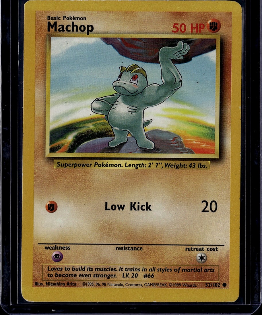 1999 Pokemon Base Set Machop #52/102 Card - Vinta: This is an original 1999 Pokemon Base Set Machop card (#52/102), featuring the iconic Fighting-type Pokemon illustrated by Mitsuhiro Arita. Machop is shown in a dynamic martial arts pose on the card's