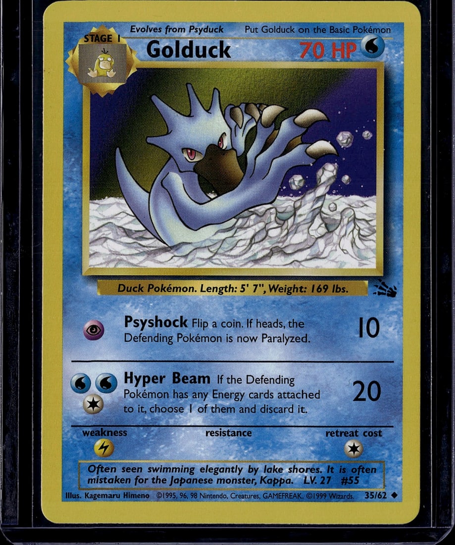 1999 Pokemon Base Set Golduck #35/62 Stage 1 Wate: This is an original 1999 Pokemon Trading Card Game card featuring Golduck, a Stage 1 Water-type Pokemon that evolves from Psyduck. The card displays excellent artwork by Kagemaru Himeno and is part of