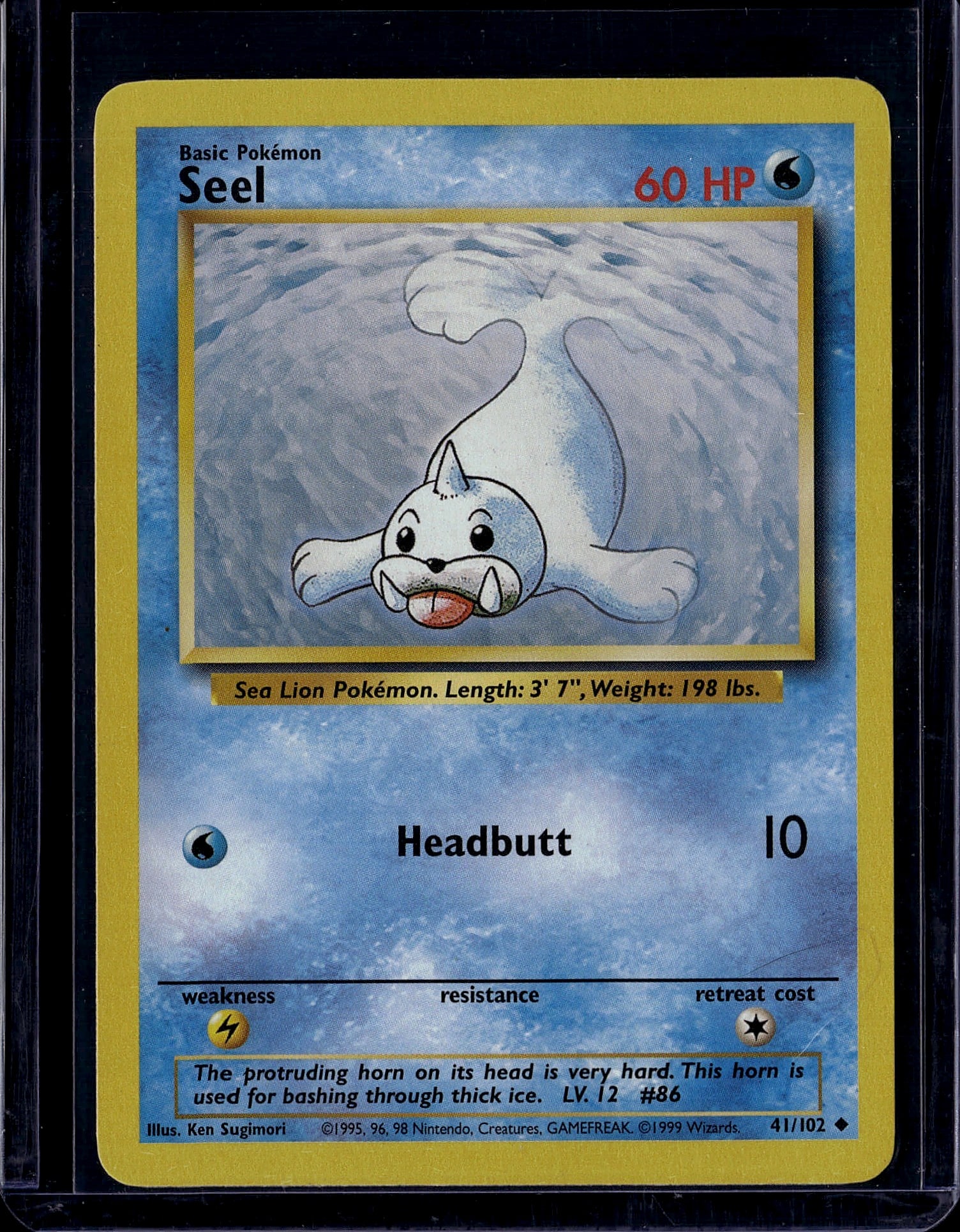 1999 Pokemon Base Set Seel #41/102 Card - Sea Lio: This is an original 1999 Pokemon Trading Card Game Base Set Seel card (#41/102), featuring the Water-type Sea Lion Pokemon. The card displays Ken Sugimori's iconic artwork with Seel in its classic pos