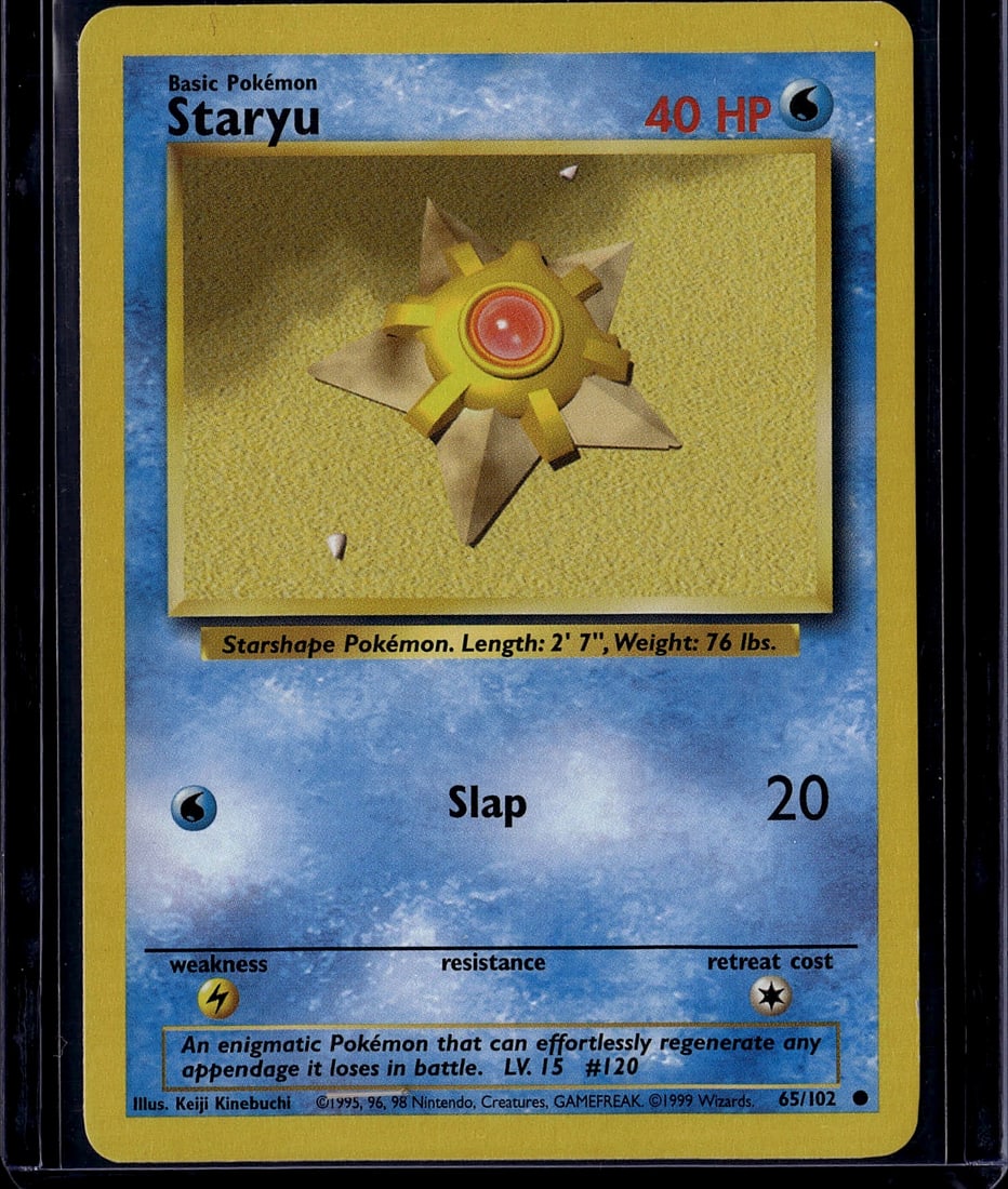 1999 Wizards of the Coast Pokemon Base Set Staryu: This is an authentic 1995 Pokemon Trading Card Game Base Set Staryu card (#65/102) graded and slabbed for protection. Staryu is a Basic Water-type Pokemon featuring the classic artwork by Keiji Kinebu