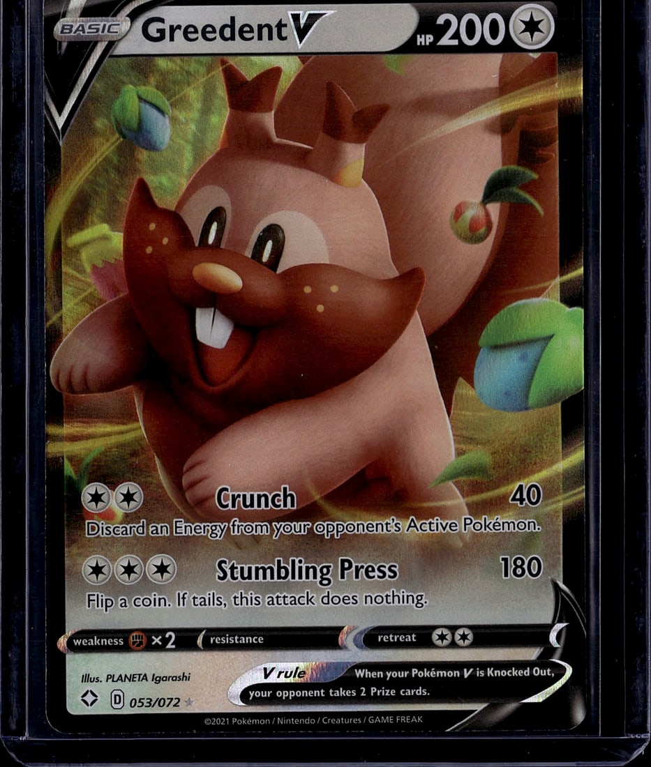 2021 Pokemon Sword & Shield Shining Fates Greeden: Greedent V is a Colorless-type Basic Pokemon V card from the 2021 Sword & Shield: Shining Fates set. Numbered 053/072, it is classified as an Ultra Rare with a holo finish, featuring 200 HP and the at