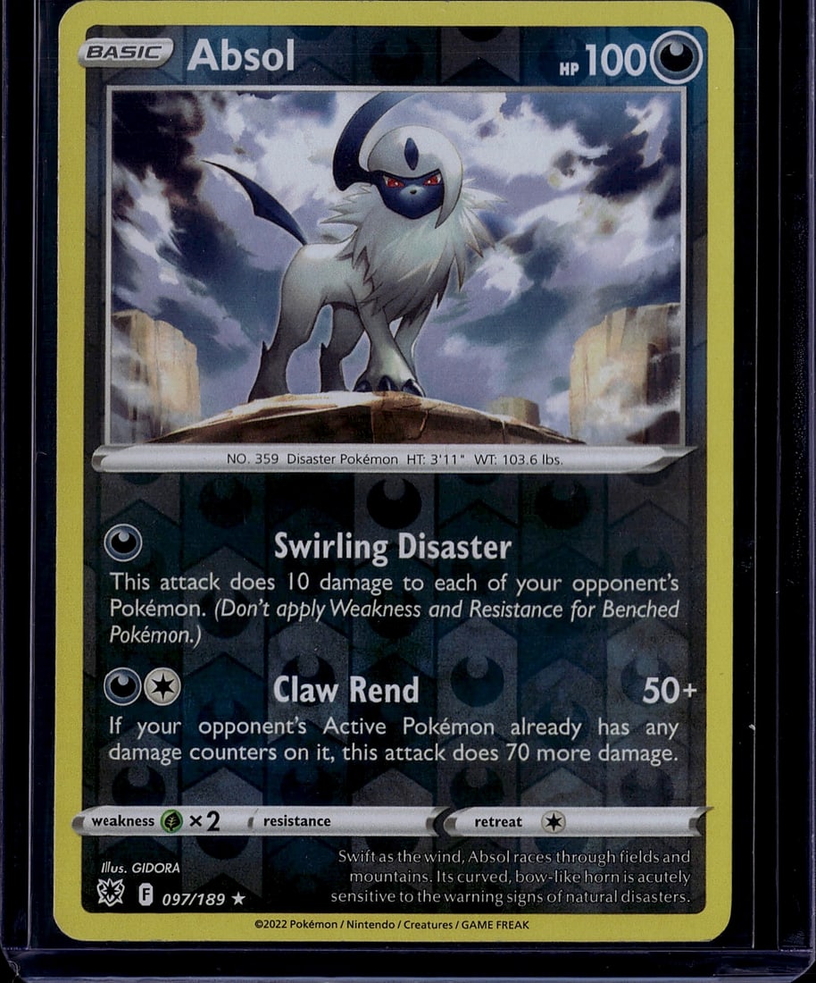 2022 Pokemon Sword & Shield Astral Radiance Absol: Absol 097/189 is a Holo Rare Dark-type Basic Pokemon card from the Sword & Shield: Astral Radiance expansion (SWSH10), released May 27, 2022. It has 100 HP and features the attack Swirling Disaster, w