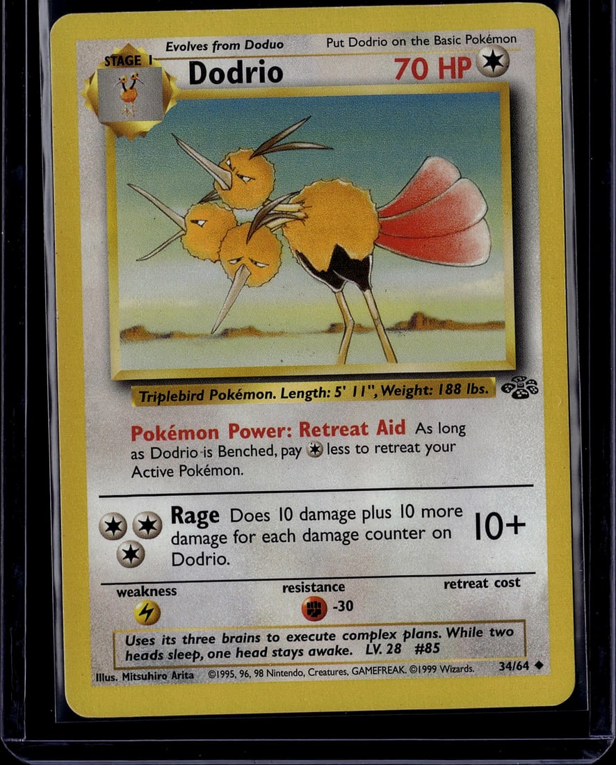 1999 Pokemon Base Set Dodrio #34/64 Stage 1 Card: This is an original 1999 Pokemon Trading Card Game Base Set Dodrio card (#34/64), featuring the iconic Triplebird Pokemon with 70 HP. The card showcases vibrant artwork depicting Dodrio's three heads 